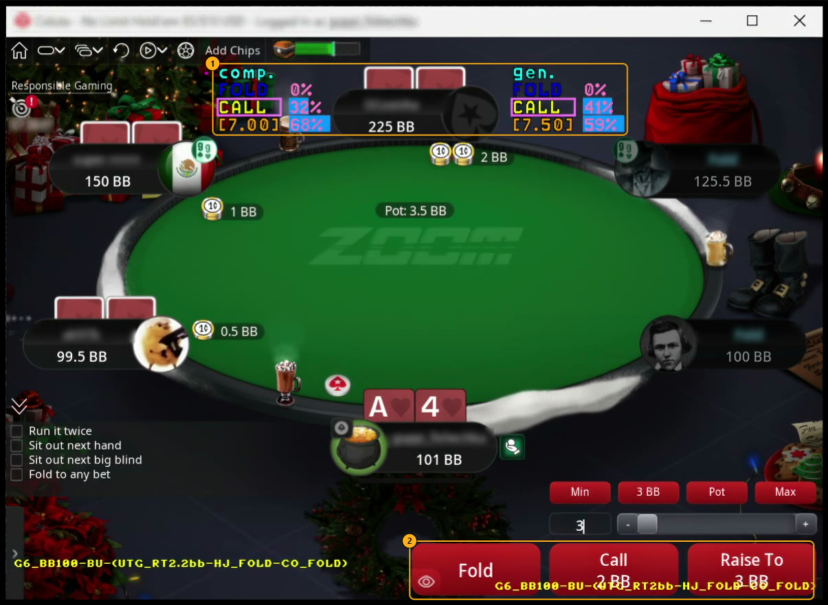 Demo video frame with the overlay at the top of the table and the client's Fold, Call 2 BB and Raise To 3 BB buttons at the bottom, with numbered markers