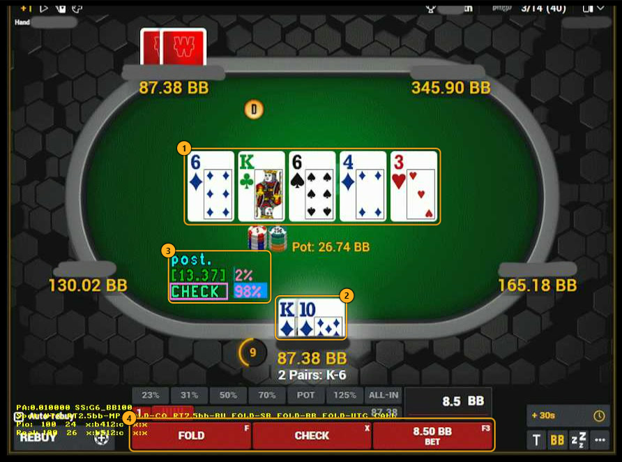Poker table on the river with the overlay showing a bet of 13.37 at 2% and CHECK at 98%, with numbered markers